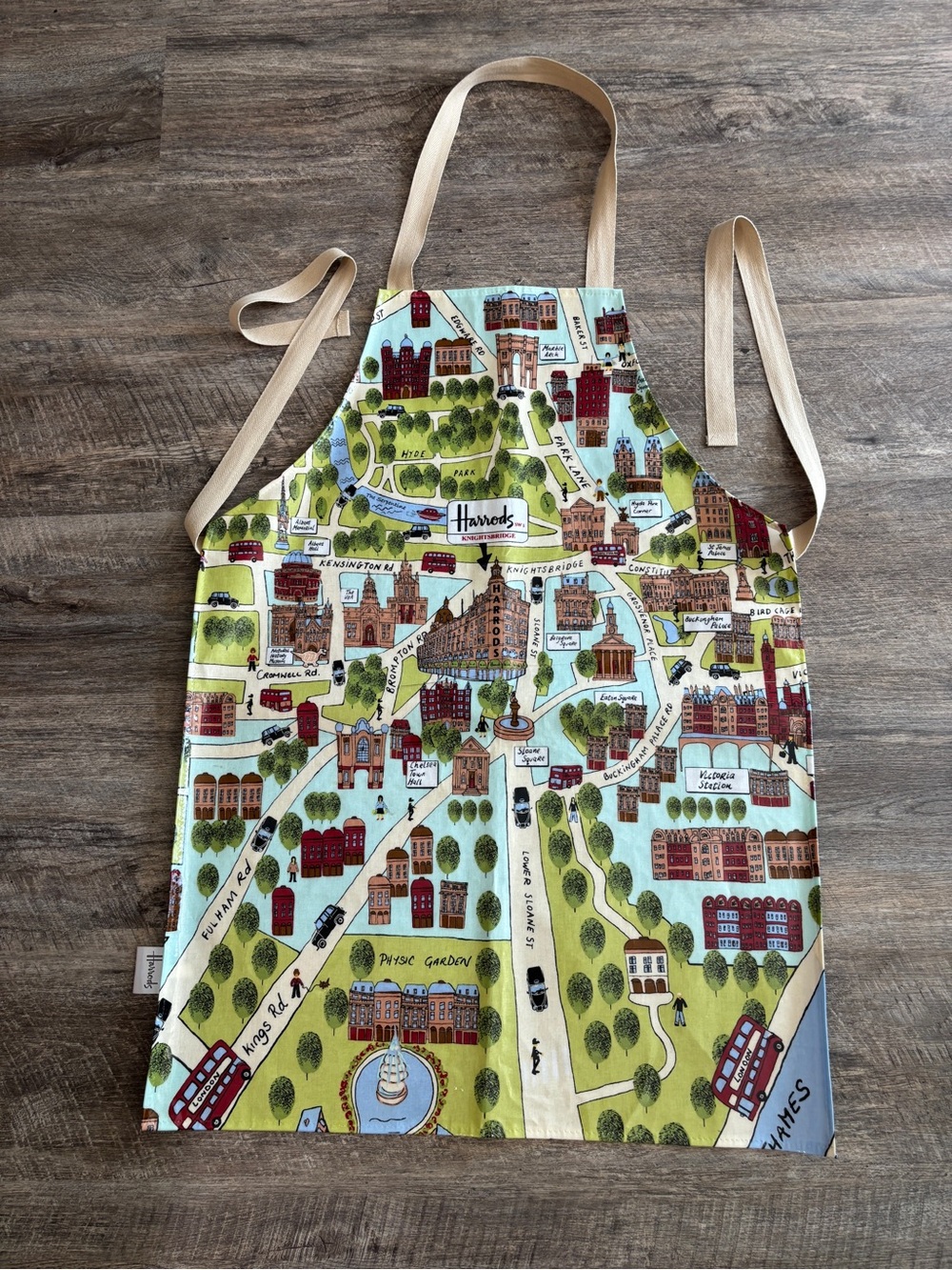 Harrods Vintage Map-Print Cotton Apron in Light Green & Beige Straps